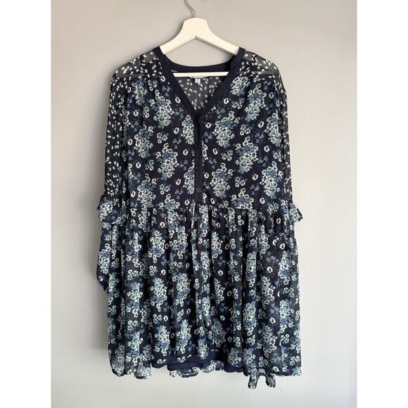Ophelia & Co. Dresses & Skirts - Ophelia Roe Floral Babydoll Dress Blue Sheer Boho Flowy M Cottagecor Tunic